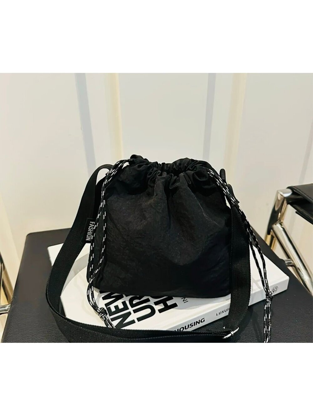 New - Trendy - Urban Style Drawstring Crossbody Bag - Black